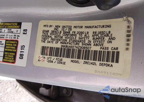 2010 Toyota Corolla Le z USA, uszkodzony, nr VIN 1NXBU4EE7AZ308507